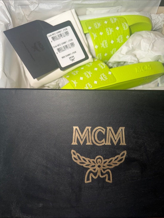 MCM Shoes - MCM Lime Green Monogram Slide Sandals